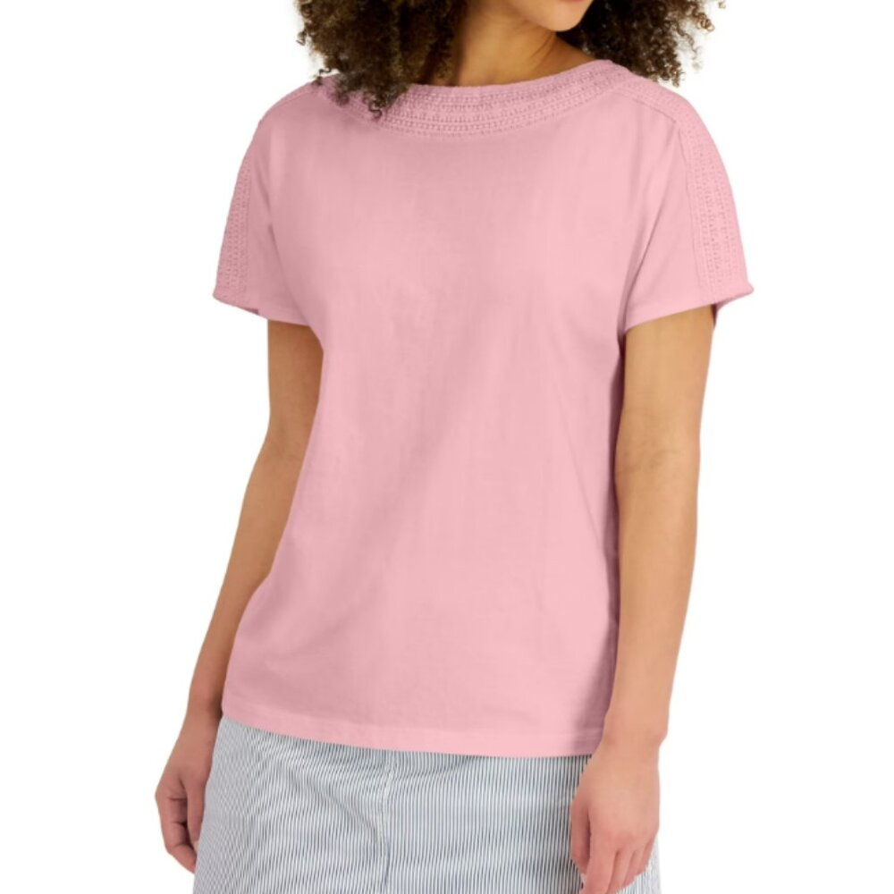 NWOT Karen Scott Women's Crochet Trim Short Sleeve Top Boca Blush Pink